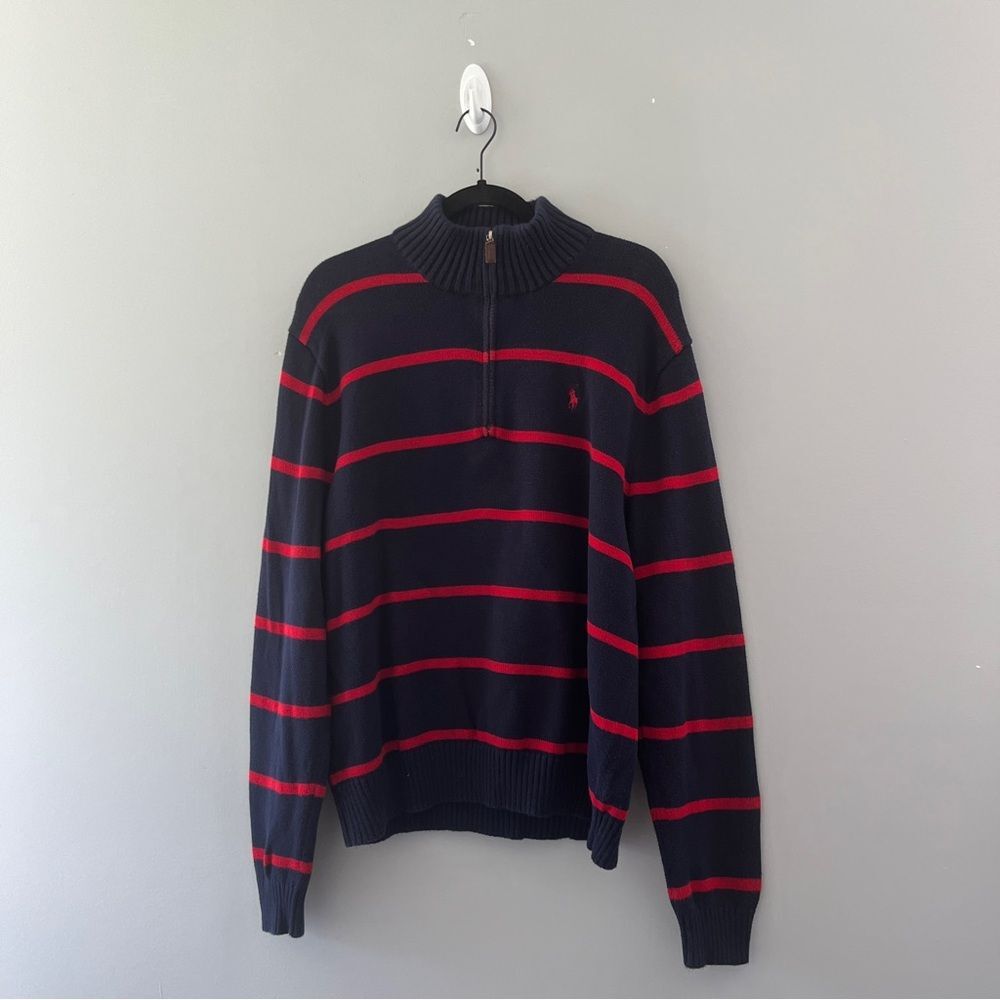 Polo Ralph Lauren Navy Blue Red Striped Knit Pullover Sweater Size XL